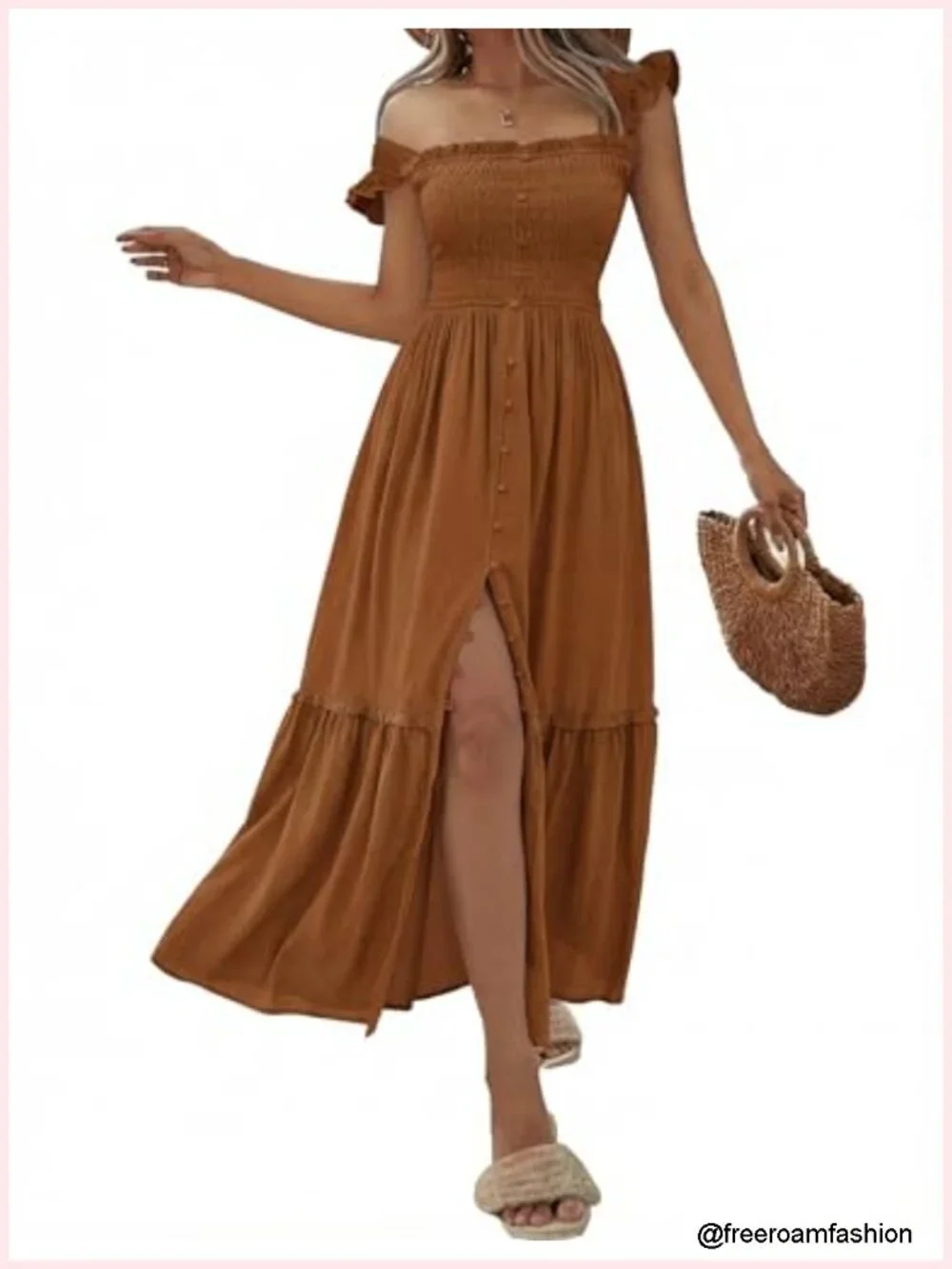 Square Neck Smocked Midi Dress with Pockets Flowy Ruffle Sleeves